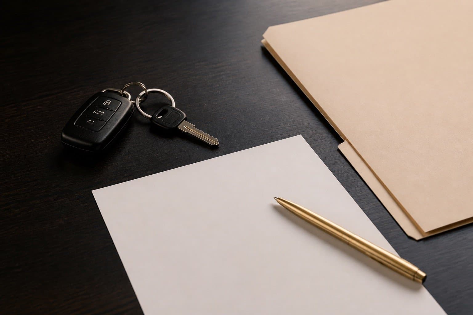Car keys and blank paperwork on a desk for licence and fitness renewals
